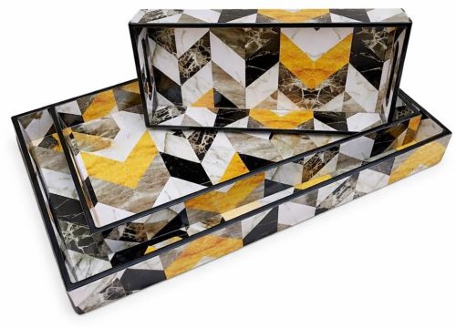 Hexagon Print Wooden Rectangular Serving Tray Set