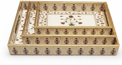 Minakari Design Rectangular Wooden Serving Tray Set