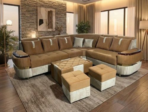 Elegant Brown Fabric Corner Sofa Set