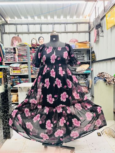 Black Georgette Maxi Dress with a Pink Floral Print