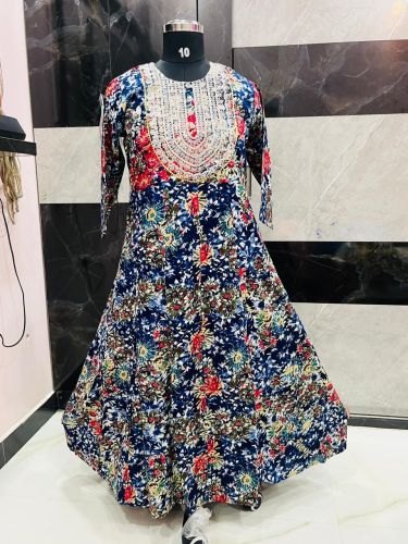 Floral Print Cotton Anarkali Style Long Kurti Dress