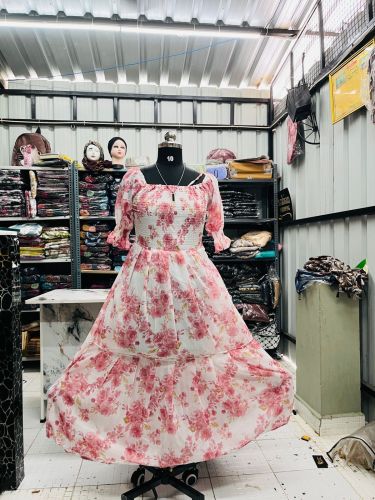 Floral Printed Georgette Flare Maxi Dress with Half Sleeves