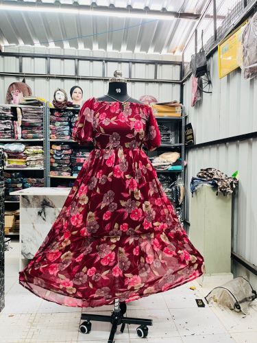 Red Pink Floral Print Georgette Maxi Dress