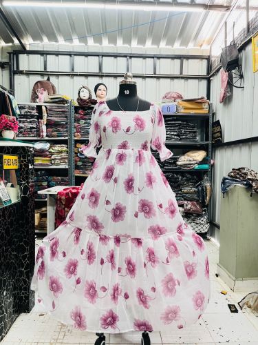 White Pink Floral Print Georgette Maxi Dress