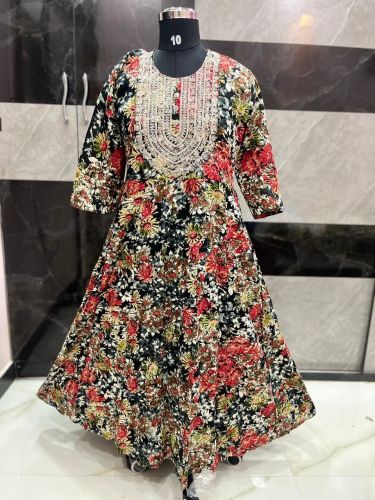Women Black Floral Print Anarkali Kurti with Embroidered Yoke