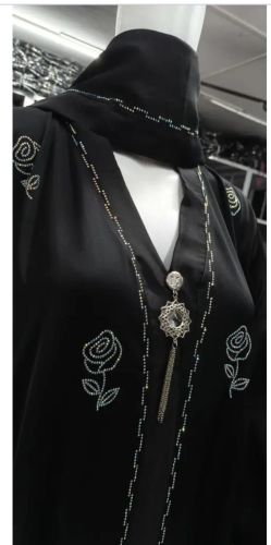 Black Floral Stone Embroidery Abaya Burkha