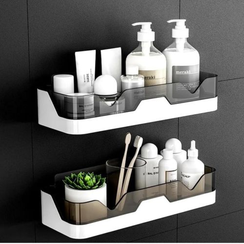 White and Black Plastic Wall Mounted Bathroom Shelf