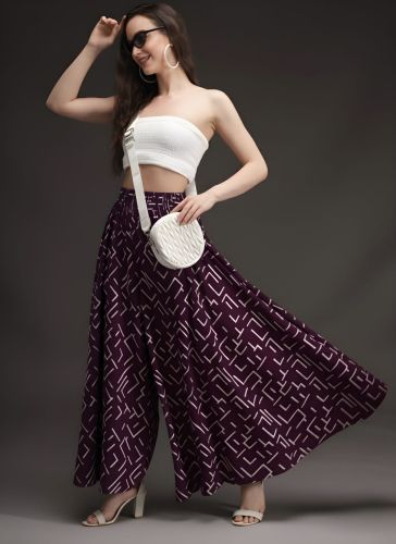 Ladies Maroon Printed Wide Leg Palazzo