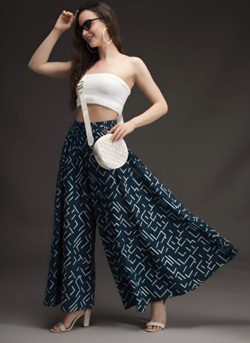 Ladies Navy Blue Printed Wide Leg Palazzo