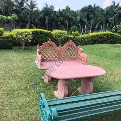 Handcrafted Red Sandstone Table Bench Set
