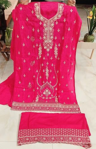 Fuchsia Pink Fully Embroidered Muslin Silk Unstitched Suit