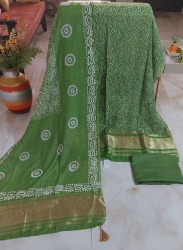 Parrot Green Pure Gajji Silk Unstitched Suits with Ajrakh Print Bottom Dupatta