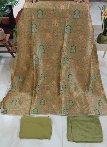 Green Silk Handwoven Unstitched Suit with Chiffon Dupatta