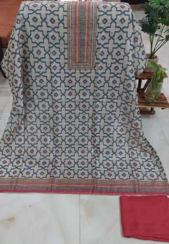 Grey Abstract Printed Viscose Linen Unstitched Suit with Rayon Bottom
