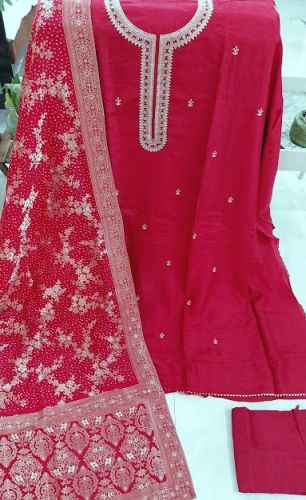 Maroonish Red Silk Zari Embroidered Unstitched Suit with Shantoon Bottom