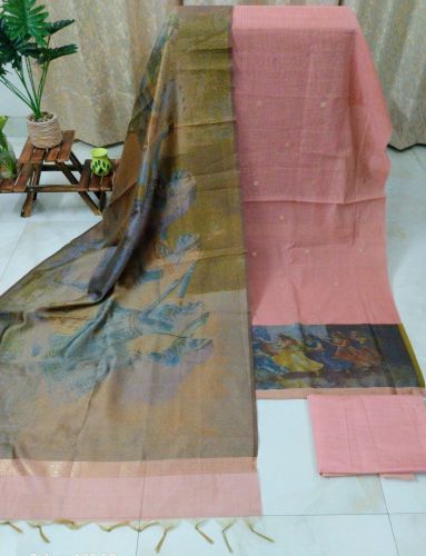 Soft Peach Chanderi Zari Handwoven Unstitched Suit with Cotton Silk Bottom