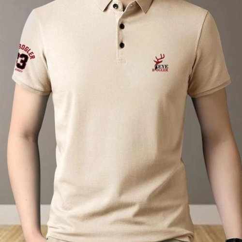 Beige Short Sleeve Polo Neck Printed Regular Fit T-Shirt