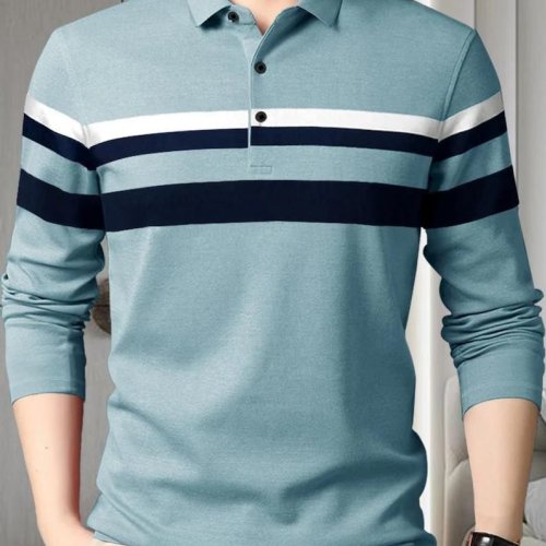 Blue Full Sleeves Striped Regular Fit Polo T-Shirt