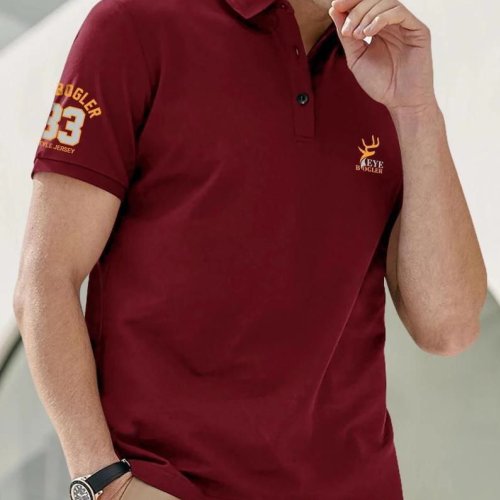 Maroon Short Sleeve Polo Neck Printed Regular Fit T-Shirt