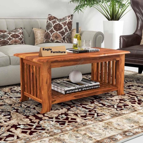 Rectangular Grooves Teak Wood Coffee Table