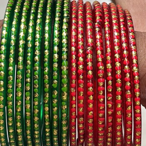 Green Red Stone Work Jari Bangles