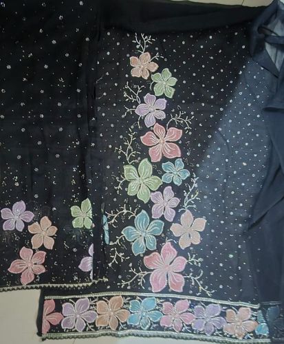 Black Flower Embroidered Unstitched Salwar Kameez Suit Set
