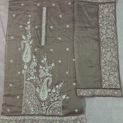 Fossil Grey Georgette Embroidered Unstitched Salwar Suit Set