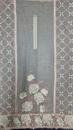 Grey Floral Embroidered Unstitched Salwar Kameez Suit Set