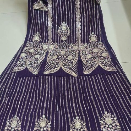 Purple Heavy Embroidered Viscose Kurti & Palazzo Set