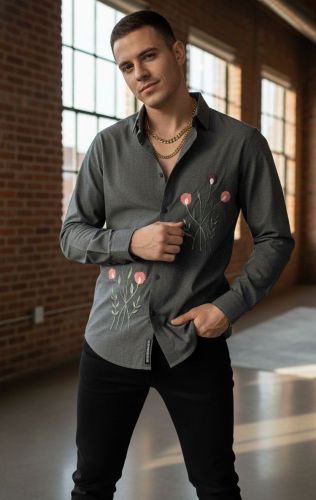 Floral Artistry Black Cotton Shirt for Men