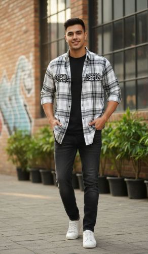 Men Black and White Checkered Shirt