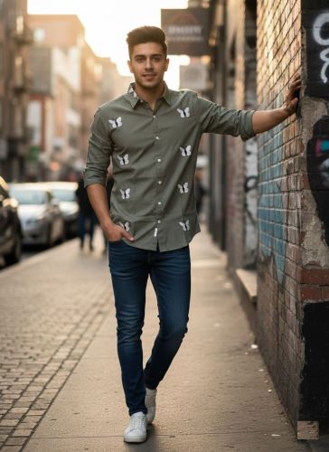Men Butterfly Embroidered Casual Shirt