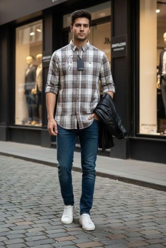 Men Checkered Party Brown Shirt