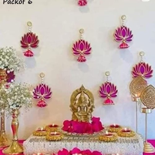 Lotus Hanging for Decoration | Handmade Wall Decor with Jhumki Style | Set of 6 Pink/rani | Export Quality Lotus for Home, Temple &AMP; Pooja Room De