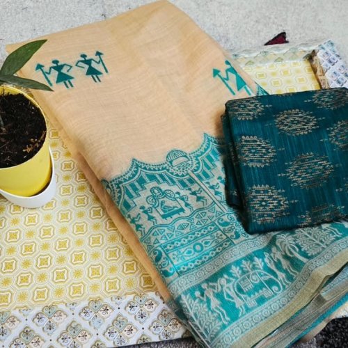 Aqua Green and Cream Khadi Silk Printed Suit Material
