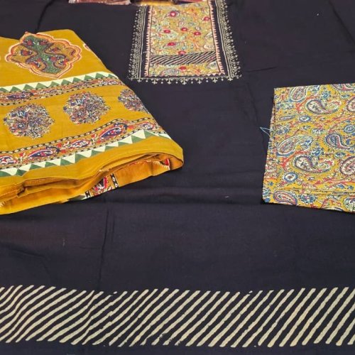 Black and Yellow Cotton Hand Block Print Embroidered Suit Material