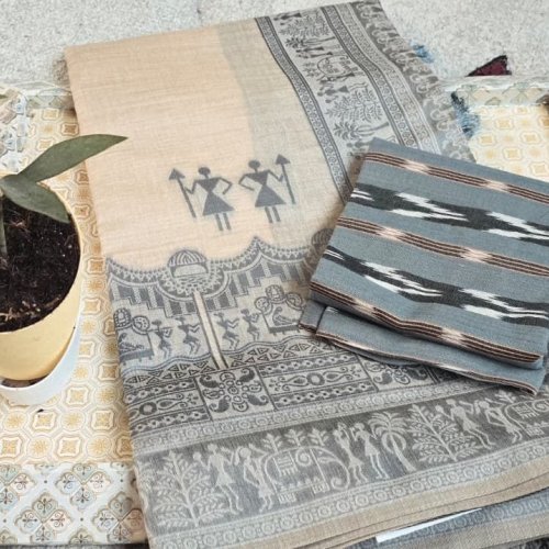 Grey and White Soft Khadi Silk Suit Material