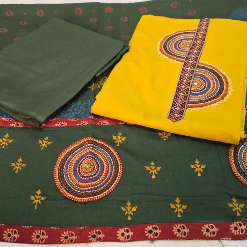 Handcrafted Applique Work Premium Cotton Suit Material With Dupatta