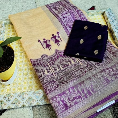 Purple and Cream Soft Khadi Silk Printed Suit Material