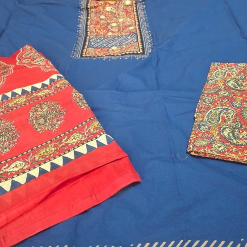 Red and Blue Hand Block Print Cotton Embroidered Suit Material