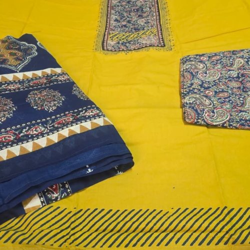 Yellow and Blue Cotton Hand Block Print Embroidered Suit Material