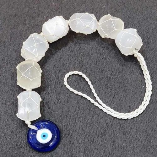 Selenite Polished Tumble Stone with Evil Eye Pendant