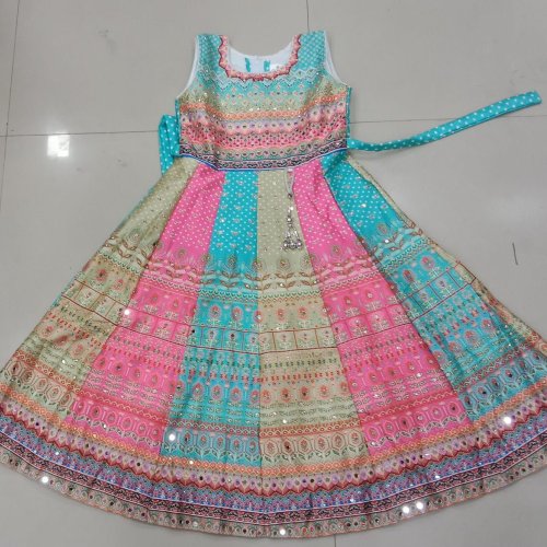 Girls Cotton Multicolor Printed Frock