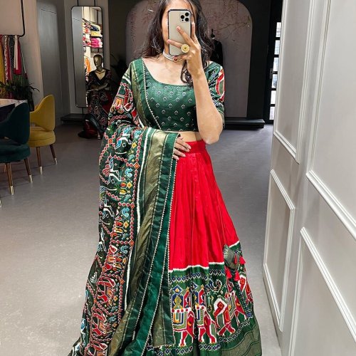 Ladies Cotton Green Red Tribal Lehenga Choli Set