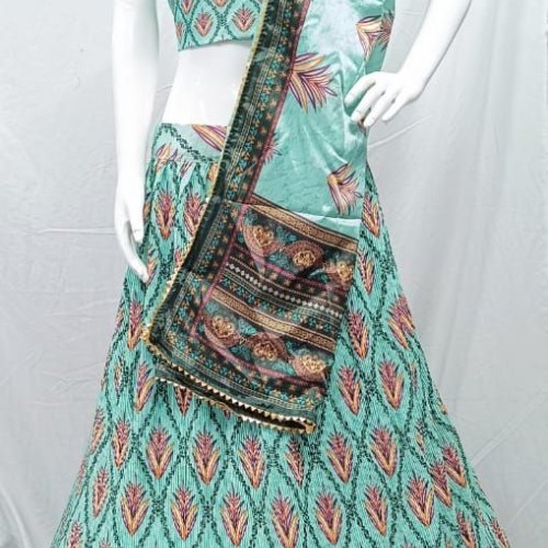 Ladies Cotton Mint Green Printed Lehenga Choli Set