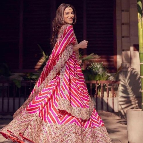 Ladies Silk Pink Chevron Lehenga Set