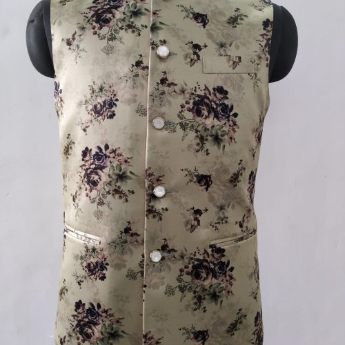 Men Cotton Beige Floral Printed Nehru Jacket