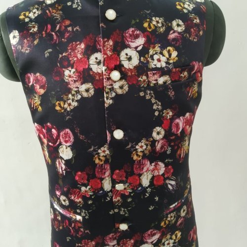 Men Cotton Black Floral Printed Nehru Jacket
