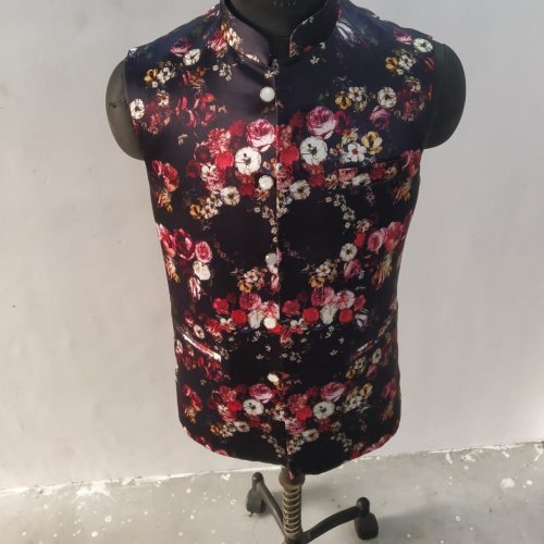 Men Cotton Black Rose Floral Nehru Jacket