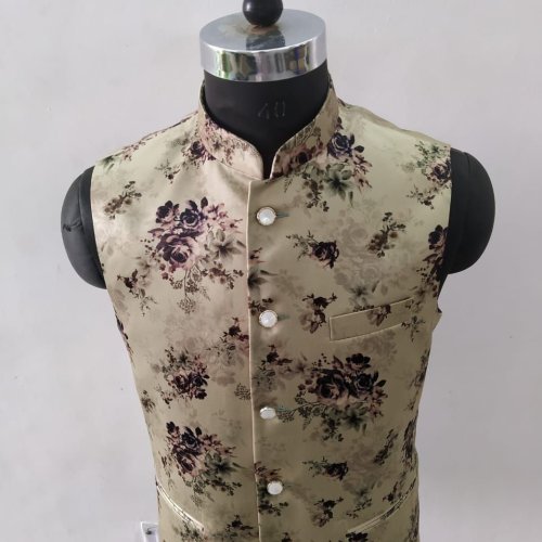 Men Cotton Light Olive Floral Printed Nehru Jacket